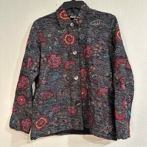 Vintage Chicos, Embroidered Beaded Floral Slub Jacket Large Silk Flowers SMALL